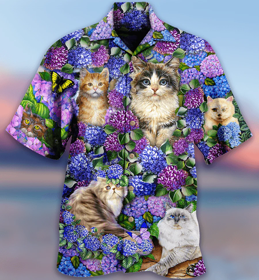 Cat Hawaiian Shirt For Summer, Cat In Hydrangea Garden Aloha Shirts - Best Cool Cat Hawaiian Shirts Outfit For Men Women, Friend, Team, Cat Lovers