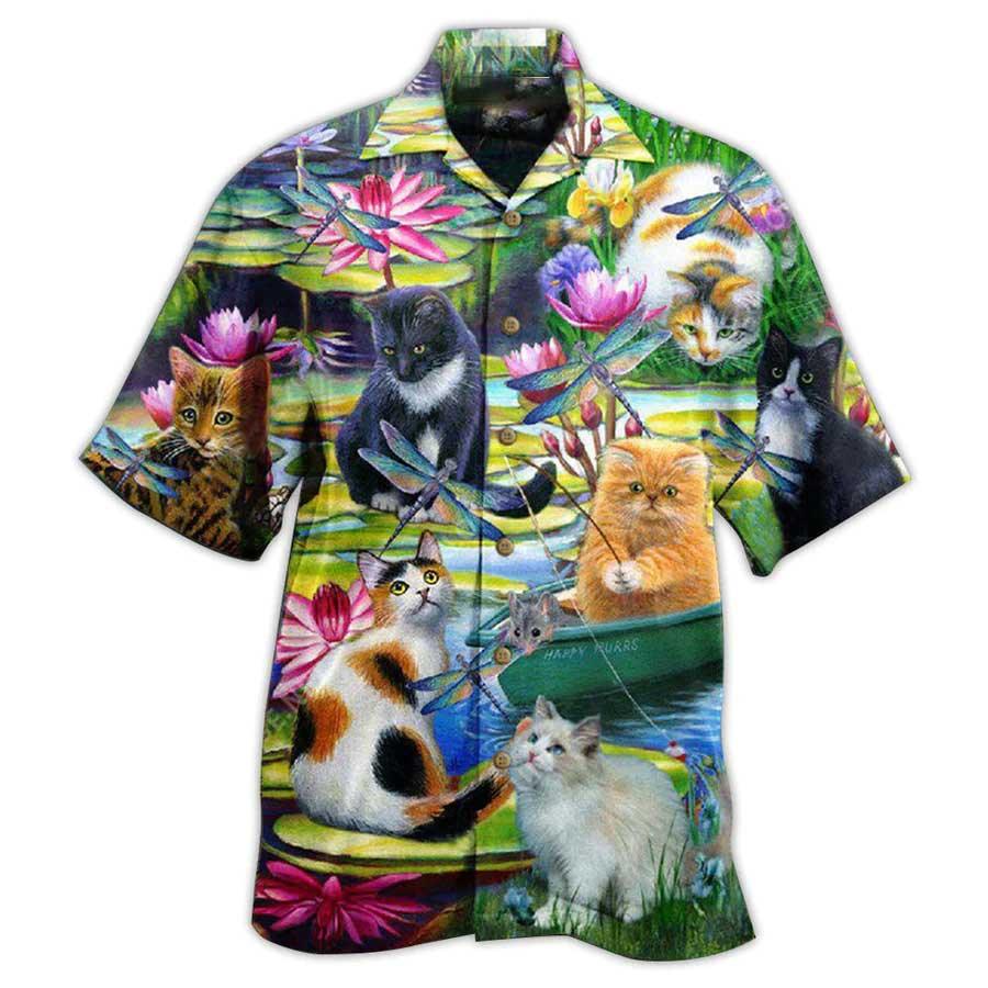 Cat Hawaiian Shirt For Summer, Cat In Lily Lake, Best Colorful Cool Cat Hawaiian Shirts Outfit For Men Women, Friend, Team, Cat Lover