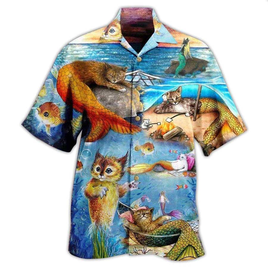 Cat Hawaiian Shirt For Summer, Cat Mermaid Off Sleeping Aloha Shirts, Best Cool Cat Hawaiian Shirts Outfit For Men Women, Friend, Team, Cat Lovers