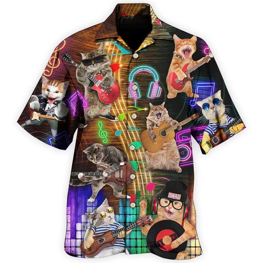 Cat Hawaiian Shirt For Summer, Cat Rocker Lovely Style Aloha Shirts, Best Colorful Cool Cat Hawaiian Shirts For Men Women, Friend, Team, Cat Lovers