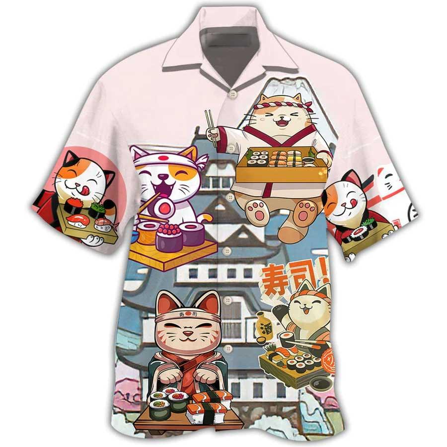 Cat Hawaiian Shirt For Summer, Cat Sushi Aloha Shirts, Best Colorful Cool Cat Hawaiian Shirts Outfit For Men Women, Friend, Team, Cat Lovers
