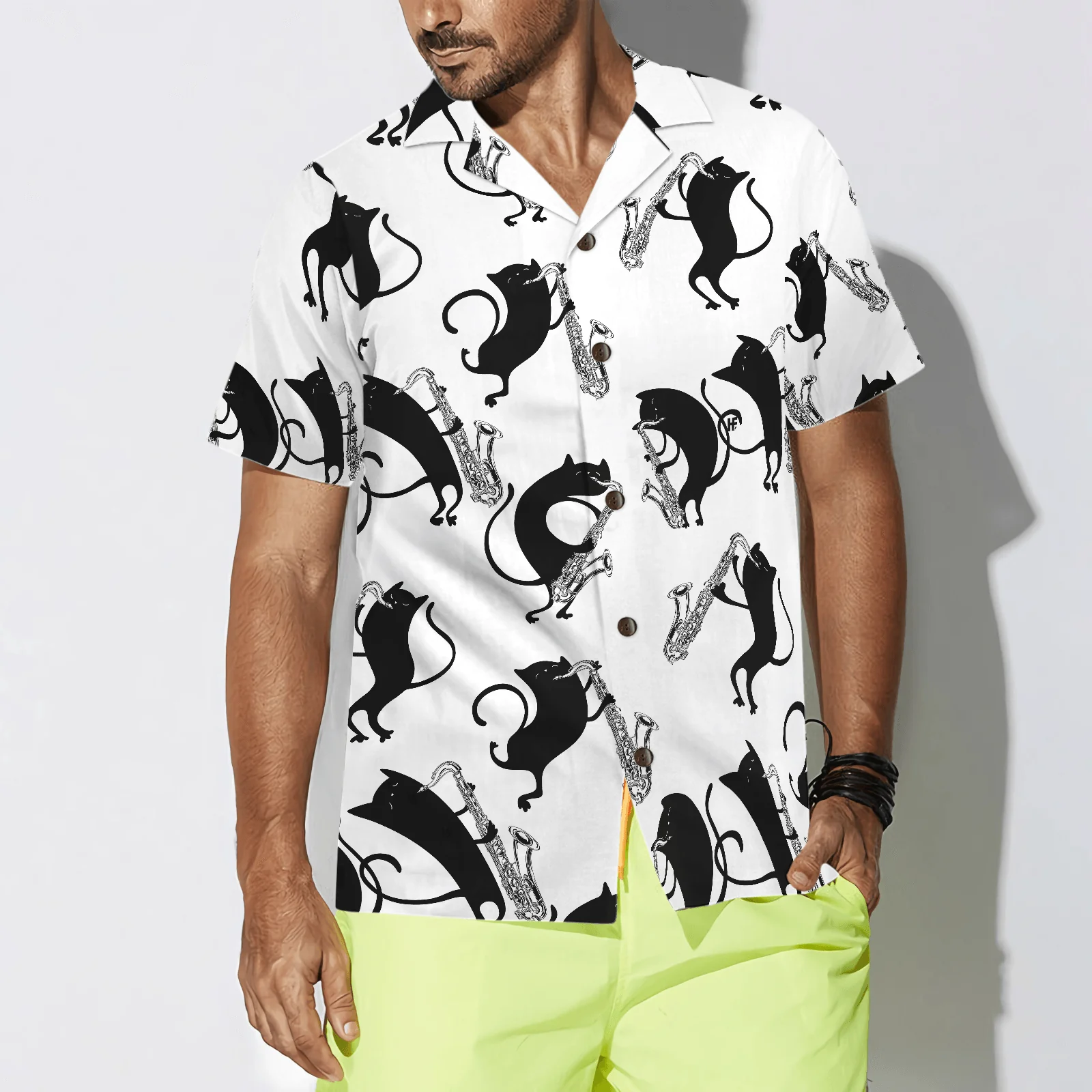 Cat Hawaiian Shirt For Summer, Cats Play Saxophone Aloha Shirts, Colorful Shirt For Men Women, Perfect Gift For Friend, Team, Family, Cat Lovers, Saxophone Lover - Image 4
