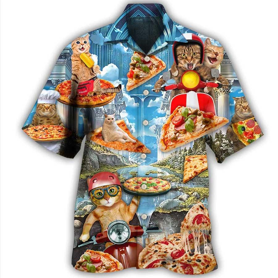 Cat Hawaiian Shirt For Summer, Pizza Cat Aloha Shirts - Best Colorful Cool Cat Hawaiian Shirts Outfit For Men Women, Friend, Team, Cat Lovers
