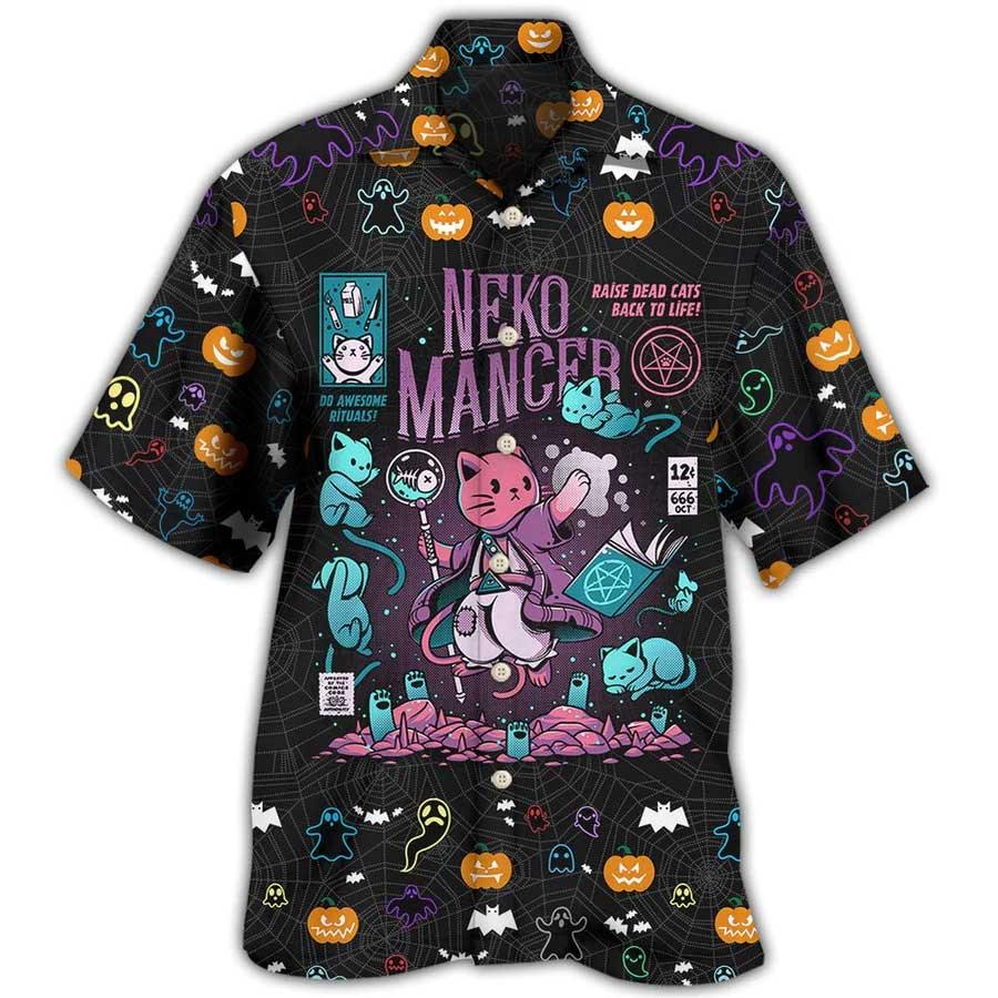 Cat Hawaiian Shirts For Summer, Cat Halloween Neko Mancer Aloha Shirts, Best Colorful Cool Cat Hawaiian Shirts Outfit For Men Women, Friend, Team, Cat Lovers
