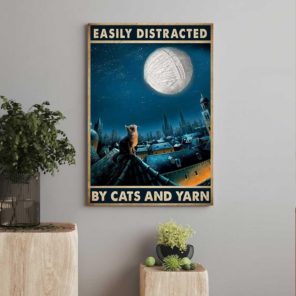 Cat Portrait Canvas - Easily Distracted By Cats And Yarn Premium Wrapped Canvas - Gift For Cat Lovers, Family, Friends