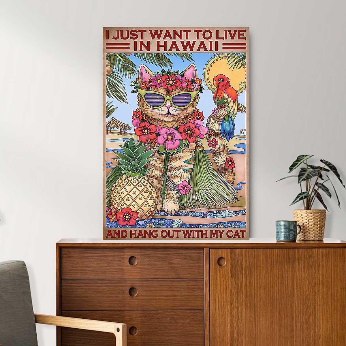 Cat Portrait Canvas - Funny Cat I Just Want To Live In Hawaii And Hang Out With My Cat Premium Wrapped Canvas - Gift For Cat Lovers, Family - Image 2