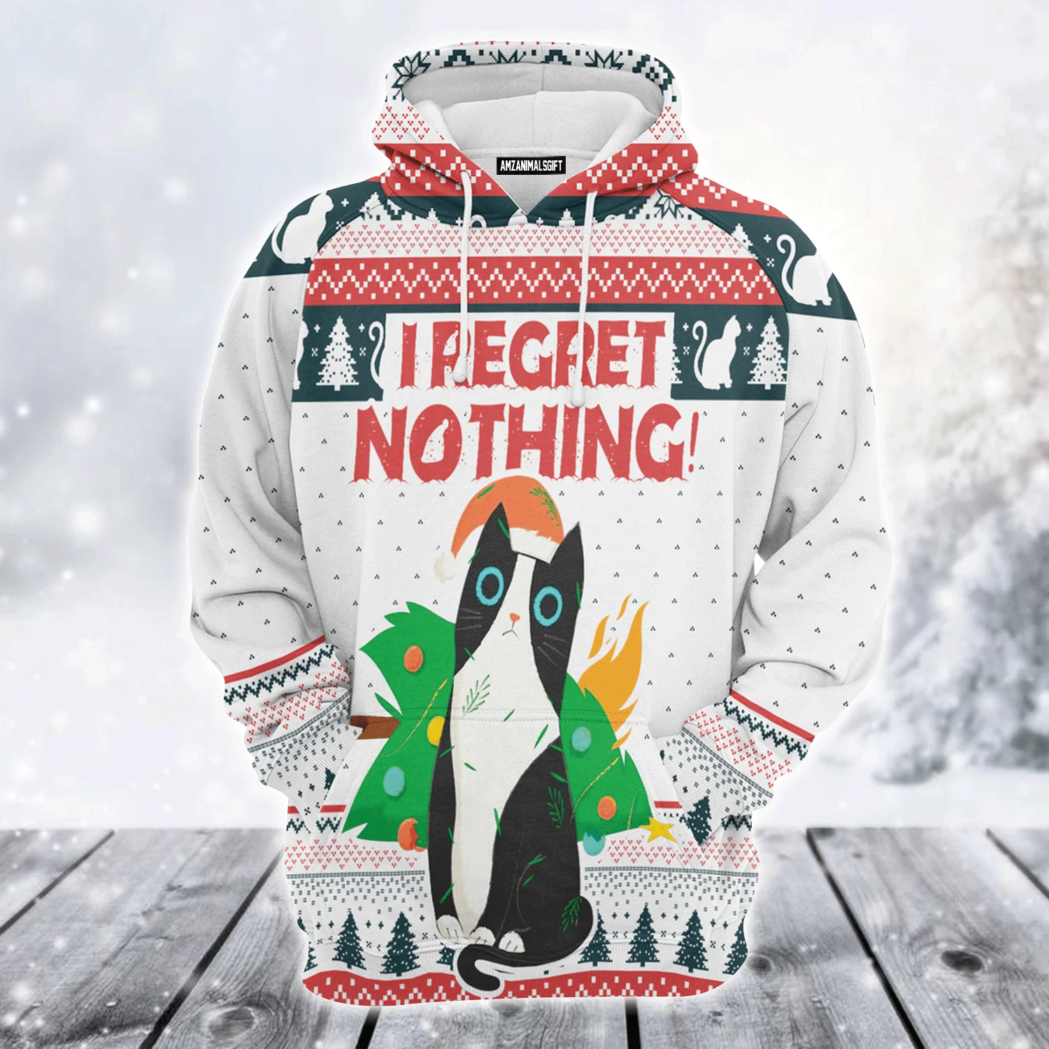 Cat Premium Christmas Hoodie, Cat I Regret Nothing Christmas Unisex Hoodie For Men & Women - Perfect Gift For Christmas, Cat Lovers - Image 2