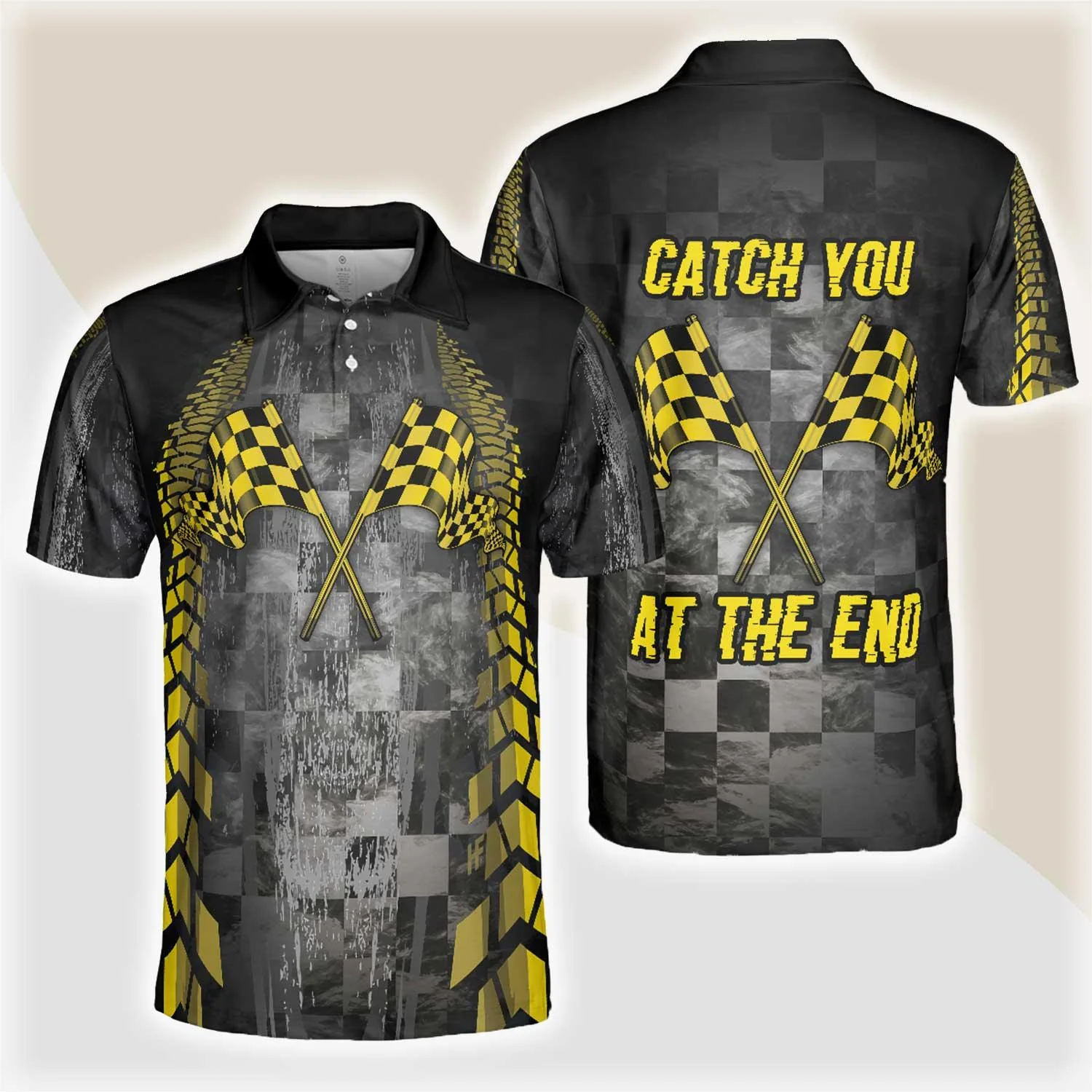 Catch You At The End Racing Short Sleeve Polo Shirt, Checker Pattern Race Polo Shirt, Best Racer Shirt For Men, Polo Shirt Gift For Men
