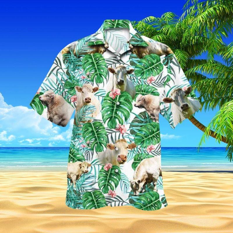 Charolais Cattle Aloha Hawaiian Shirt - Charolais Cattle In Beach Hawaiian Shirt, Tropical Leaves Hawaiian Shirt For Men & Women, Charolais Cattle Lover