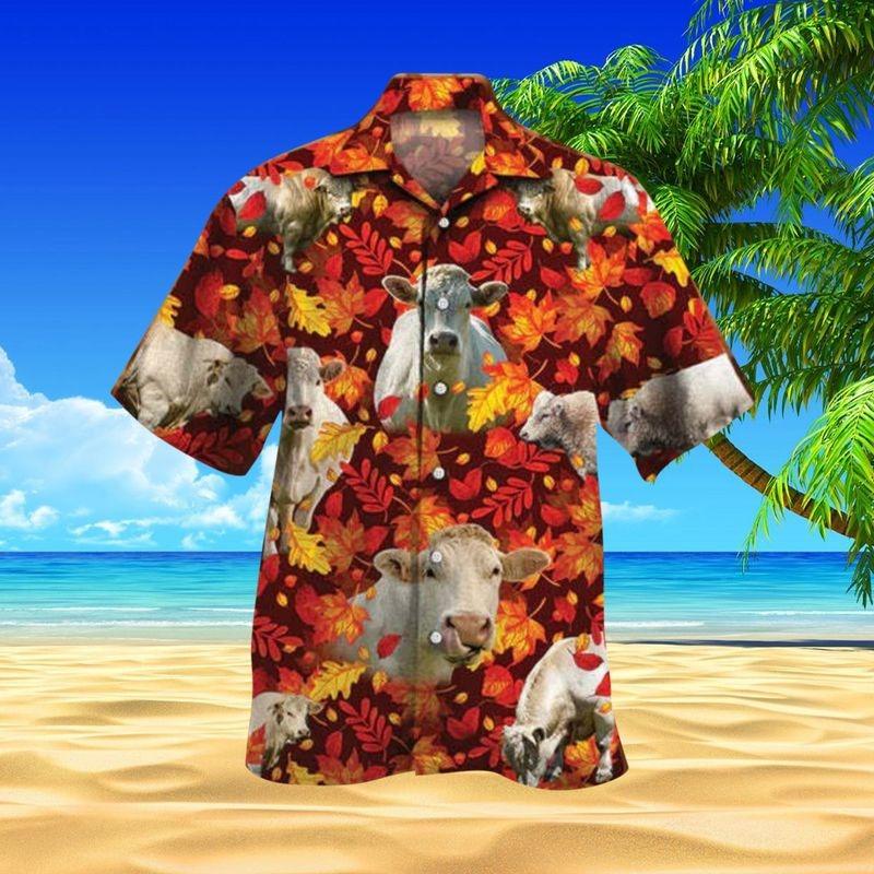 Charolais Cattle Aloha Hawaiian Shirt - Funny Charolais Cattle Hawaiian Shirt, Autumn Red Leaves Hawaiian Shirt For Men & Women, Charolais Cattle Lover