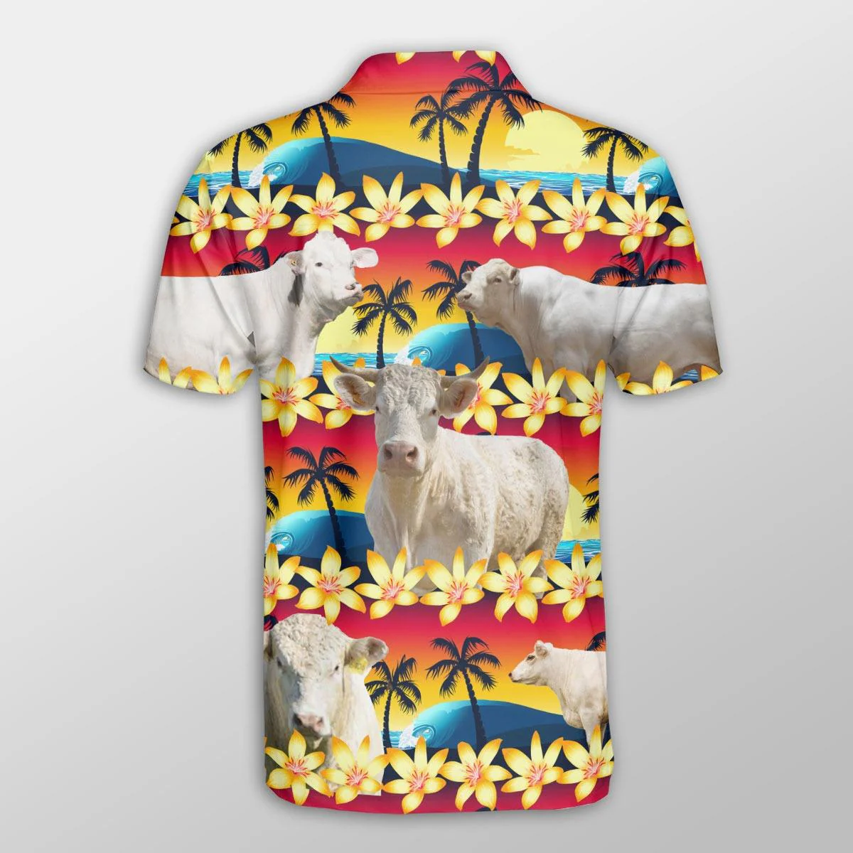 Charolais Men Polo Shirts For Summer - Charolais Beach Sunset Pattern Button Shirts For Men - Perfect Gift For Charolais Lovers, Cattle Lovers - Image 3