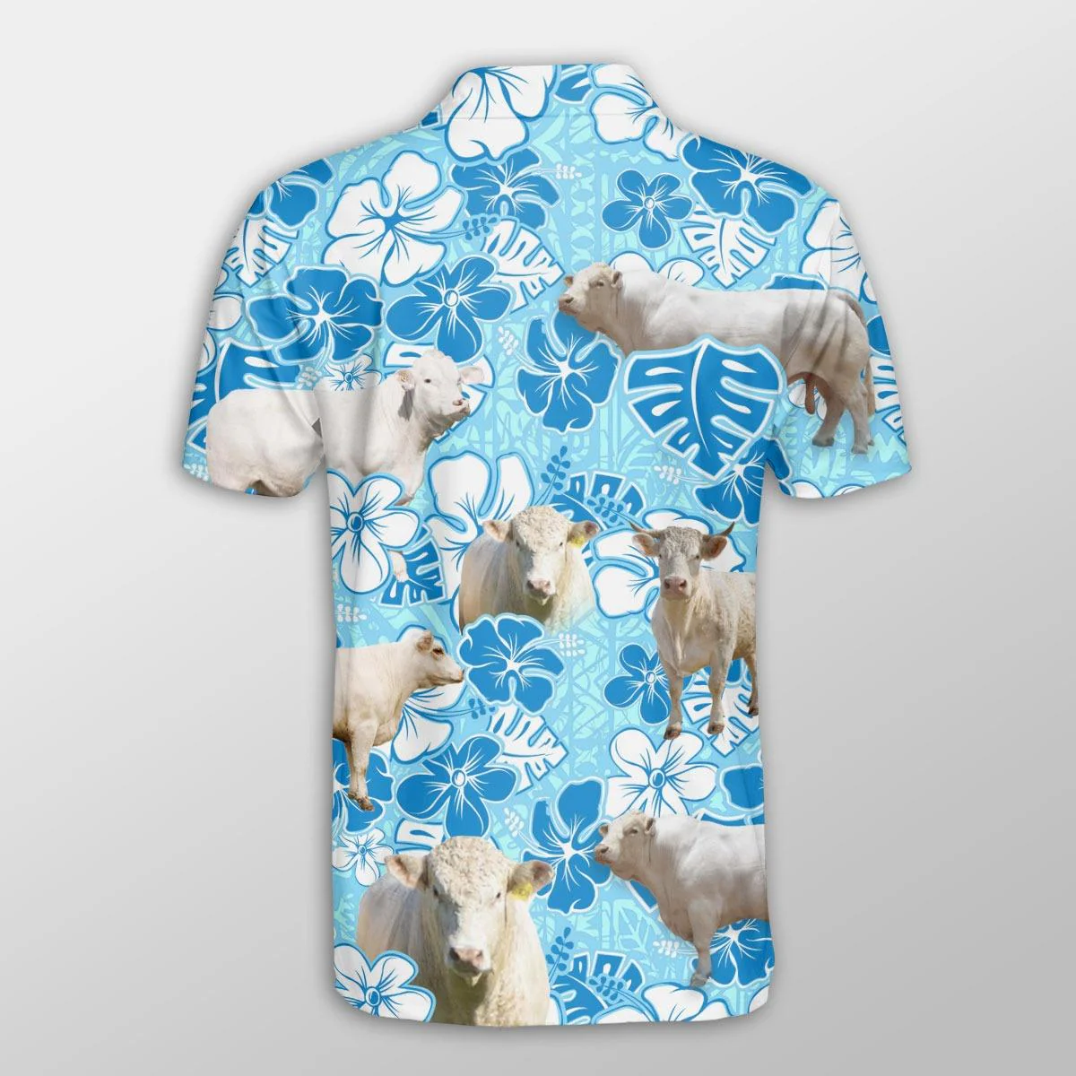 Charolais Men Polo Shirts For Summer - Charolais Blue Floral Button Shirts For Men - Perfect Gift For Charolais Lovers, Cattle Lovers - Image 3