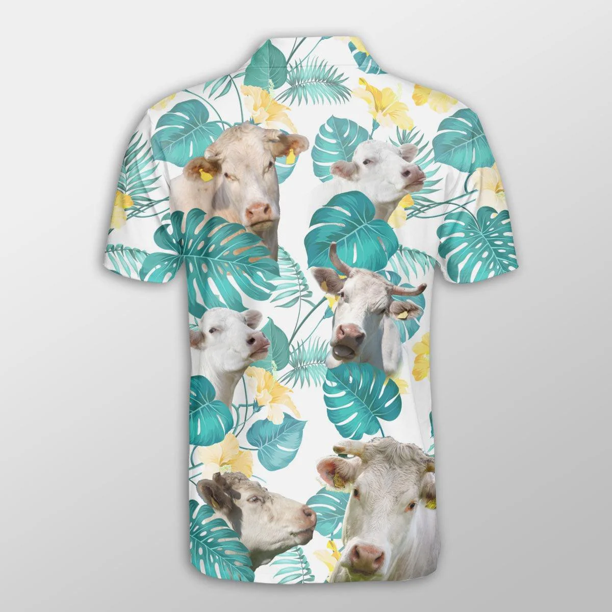 Charolais Men Polo Shirts For Summer - Charolais In Tropical Leaves Pattern Button Shirts For Men - Perfect Gift For Charolais Lovers, Cattle Lovers - Image 3