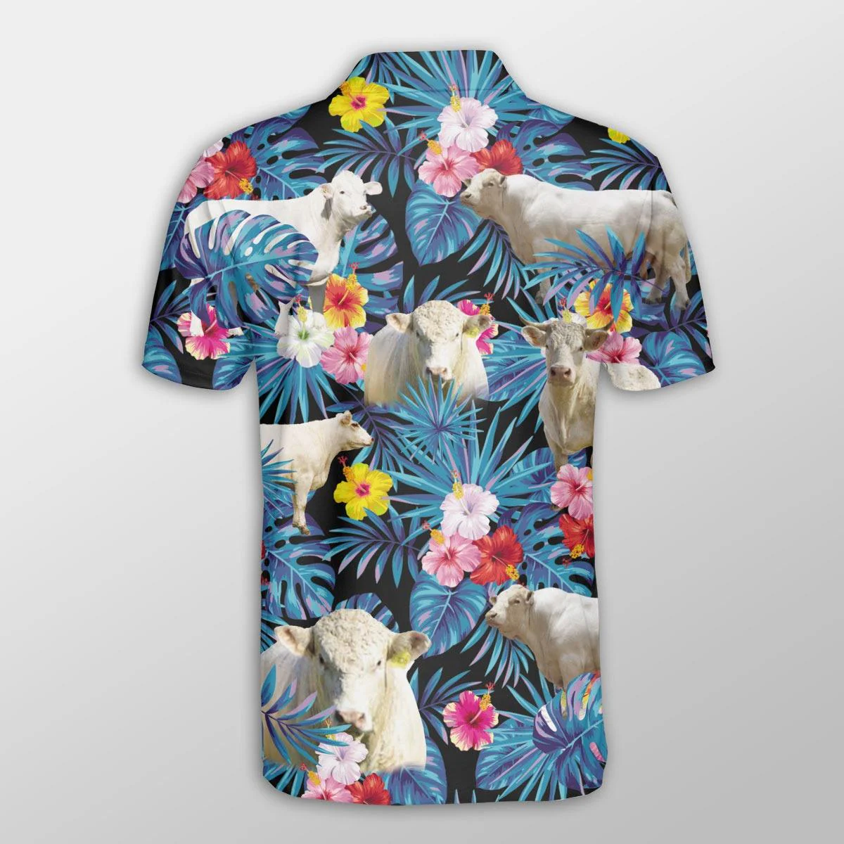 Charolais Men Polo Shirts For Summer - Charolais Tropical Flowers Leaves Pattern Button Shirts For Men - Perfect Gift For Charolais Lovers, Cattle Lovers - Image 3