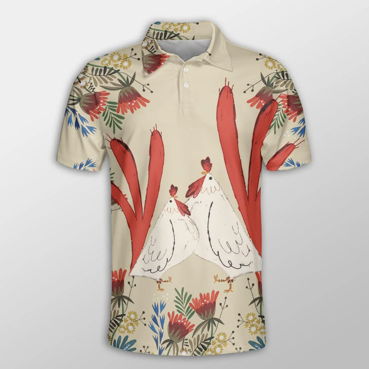Chicken Men Polo Shirts For Summer - Chicken Flower Art Pattern Button Shirts For Men - Perfect Gift For Chicken Lovers, Animal Lovers - Image 2