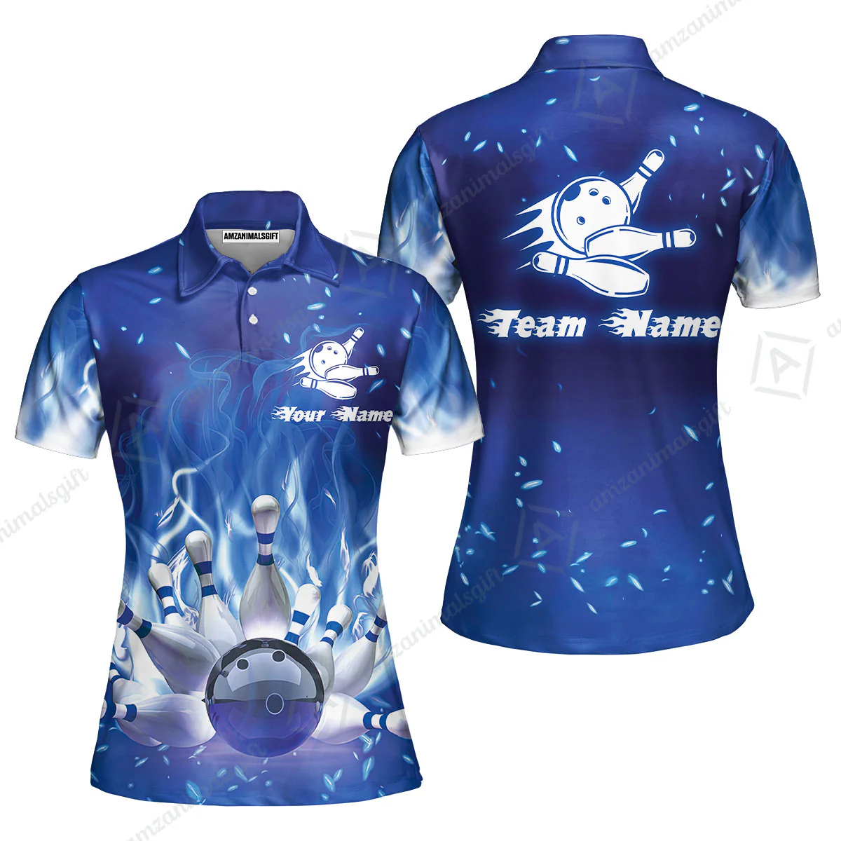 Bowling Men Polo Shirt Custom Name - Bowling On Blue Fire Personalized Bowling Polo Shirt - Image 5