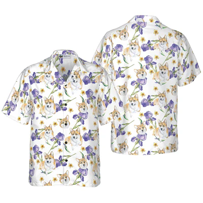 Corgi Hawaiian Shirt, Cute Corgi, Purple Flowers Aloha Shirt For Men - Perfect Gift For Corgi Lovers, Husband, Boyfriend, Friend, Family