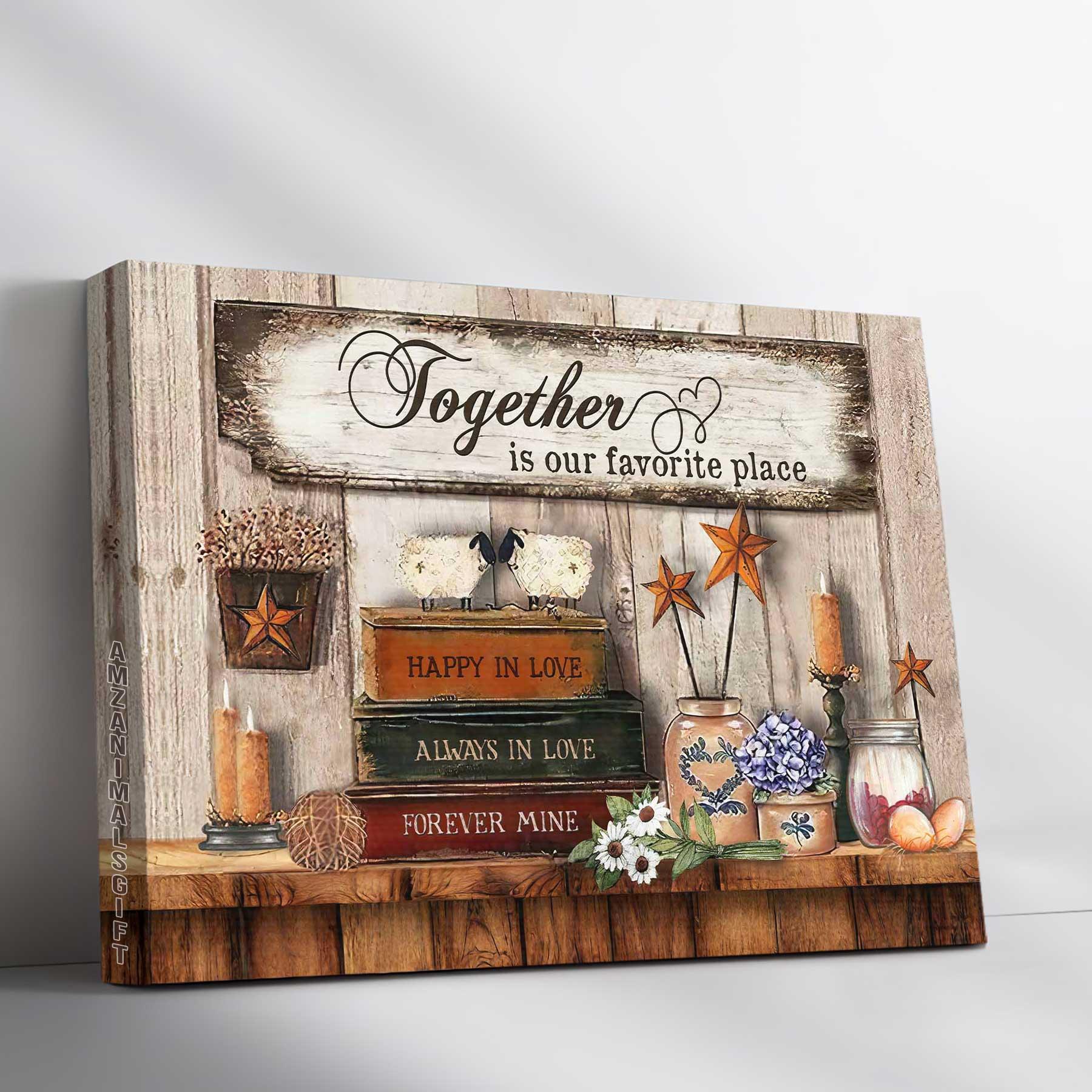 Couple Premium Wrapped Landscape Canvas - Antique Book, Vintage Room, Flower Painting, Together Is Our Favorite Place - Gift For Couple, Lovers