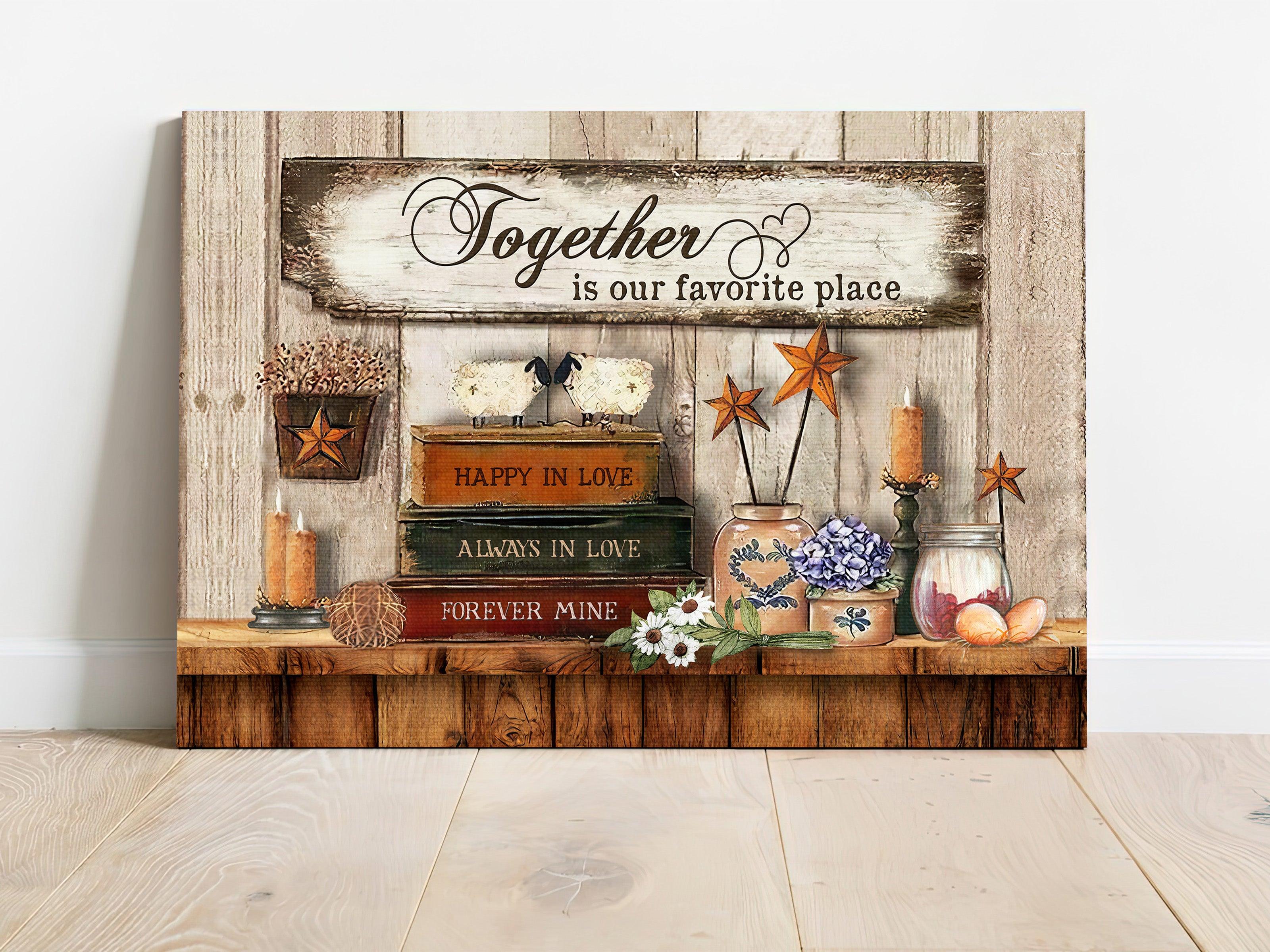 Couple Premium Wrapped Landscape Canvas - Antique Book, Vintage Room, Flower Painting, Together Is Our Favorite Place - Gift For Couple, Lovers - Image 2