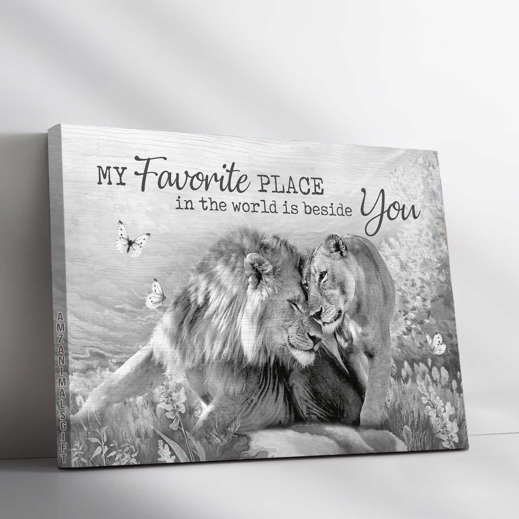 Couple Premium Wrapped Landscape Canvas - Lion Couple, A Peaceful Time, My Favorite Place In This World Is Beside You Anniversary Gift For Couple