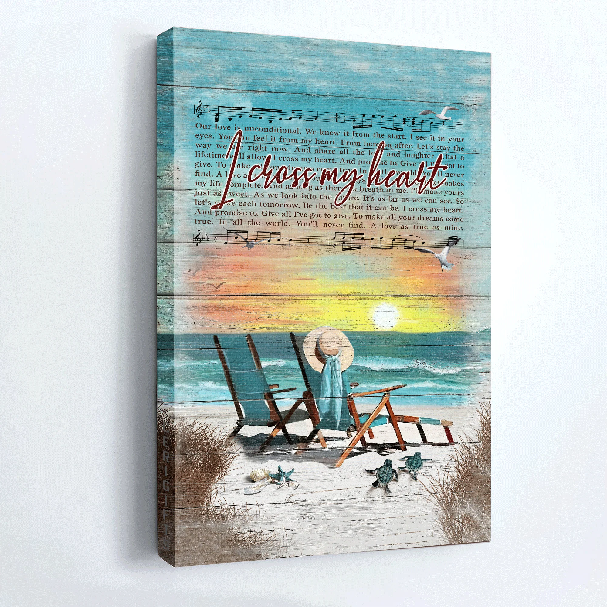Couple Premium Wrapped Portrait Canvas - Sheet Music, Wooden Chair, Sunset Painting, I Cross My Heart - Perfect Gift For Couple, Lovers