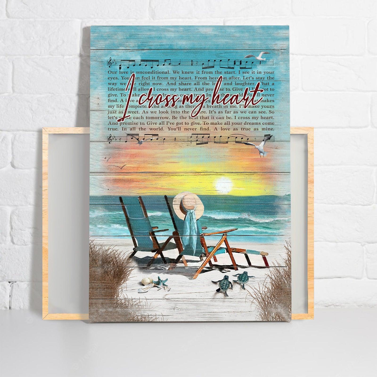 Couple Premium Wrapped Portrait Canvas - Sheet Music, Wooden Chair, Sunset Painting, I Cross My Heart - Perfect Gift For Couple, Lovers - Image 2