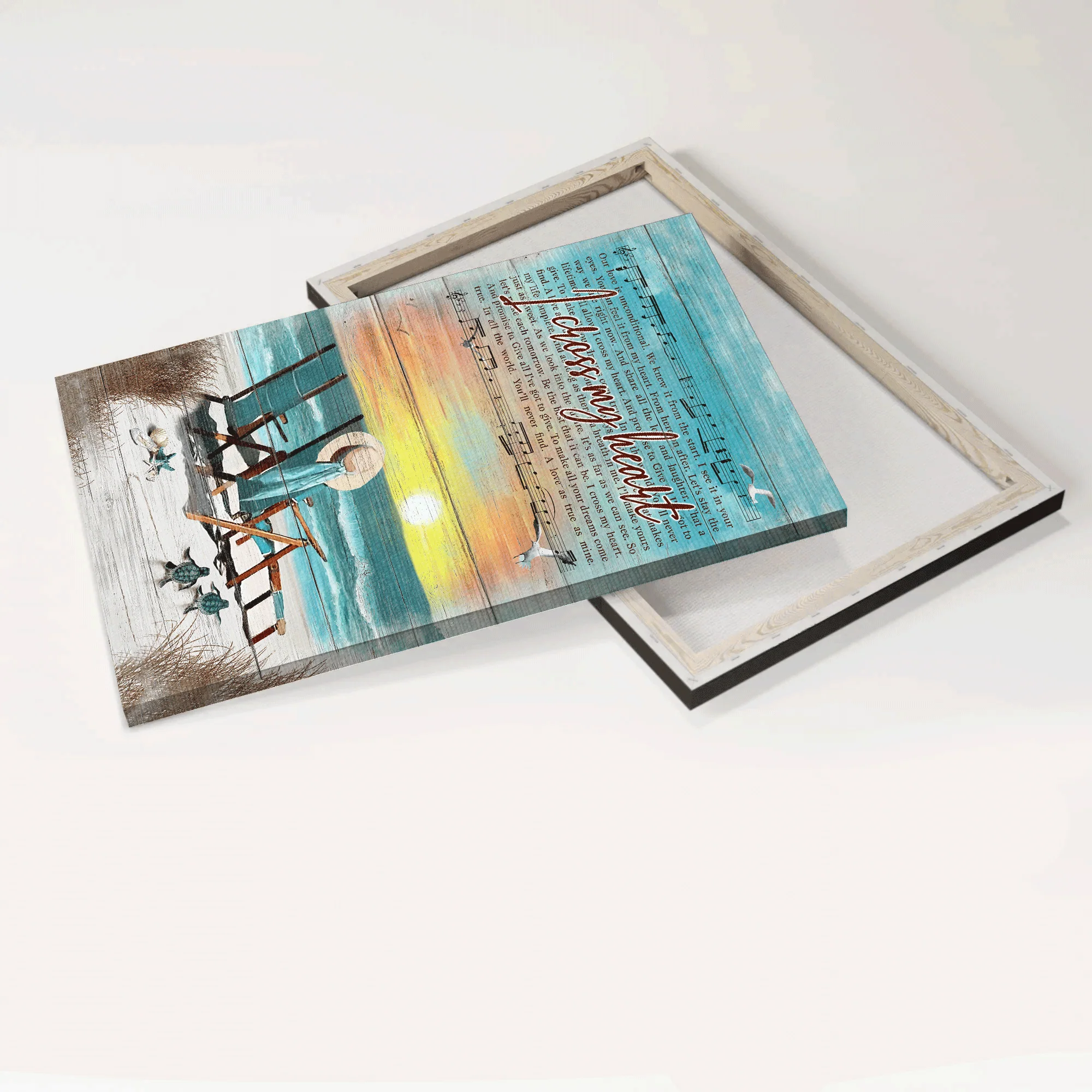 Couple Premium Wrapped Portrait Canvas - Sheet Music, Wooden Chair, Sunset Painting, I Cross My Heart - Perfect Gift For Couple, Lovers - Image 4