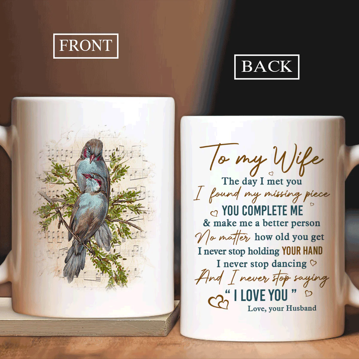 Couple White Mug - To my wife, Colorful birds, Sheet music- Gift for couple, lover- I never stop holding your hand - White Mug - Image 2
