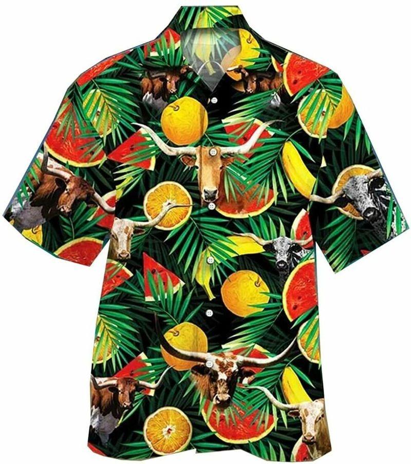 Cow Aloha Hawaiian Shirt - Longhorn Cow Hawaiian Shirt, Tropical Fruit Hawaiian Shirt For Men & Women, Cow Lover
