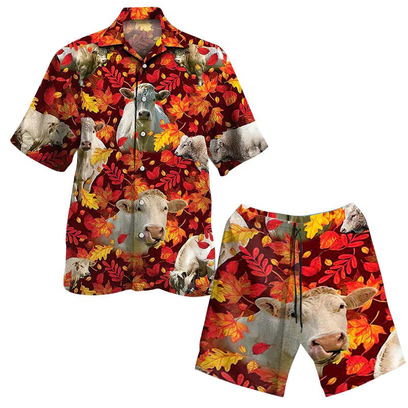 Cow Aloha Hawaiian Shirts For Summer, Cattle Autumn Leaf Pattern Cow Farm Hawaiian Set For Men Women, Gift For Farmer, Thanksgiving Day, Friend