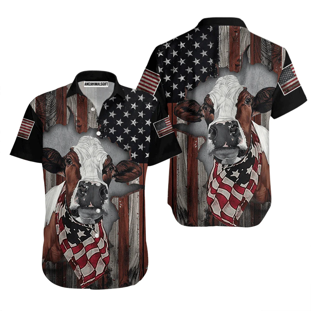 Cow American Flag Patriotic Aloha Hawaiian Shirts For Men Women, USA Flag Hawaiian Shirt, 4th July Gift For Summer, Friend, Family, Independence Day