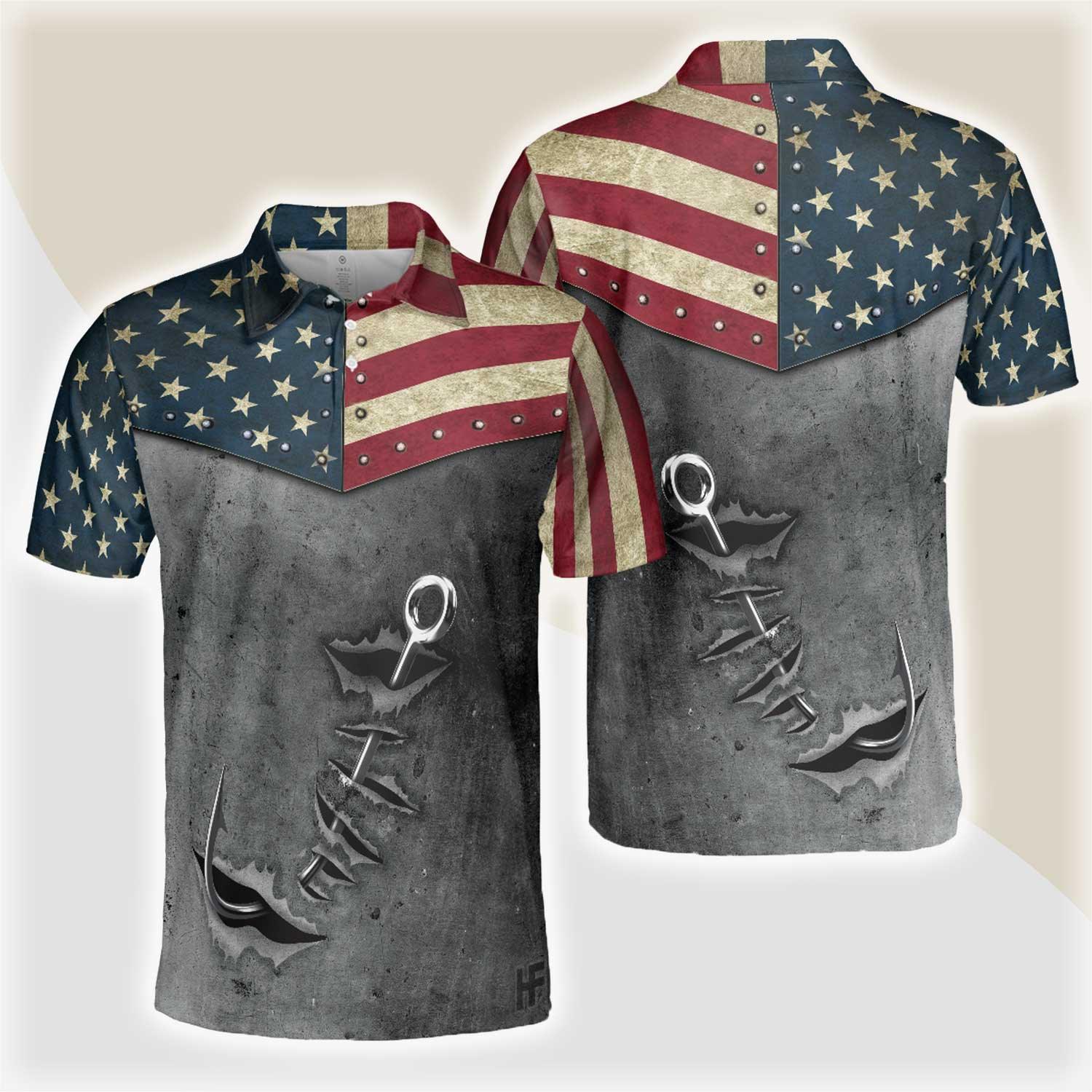 Crack Fishing American Flag Short Sleeve Polo Shirt, Patriotic Polo Shirt, Best Fishing Shirt For Men