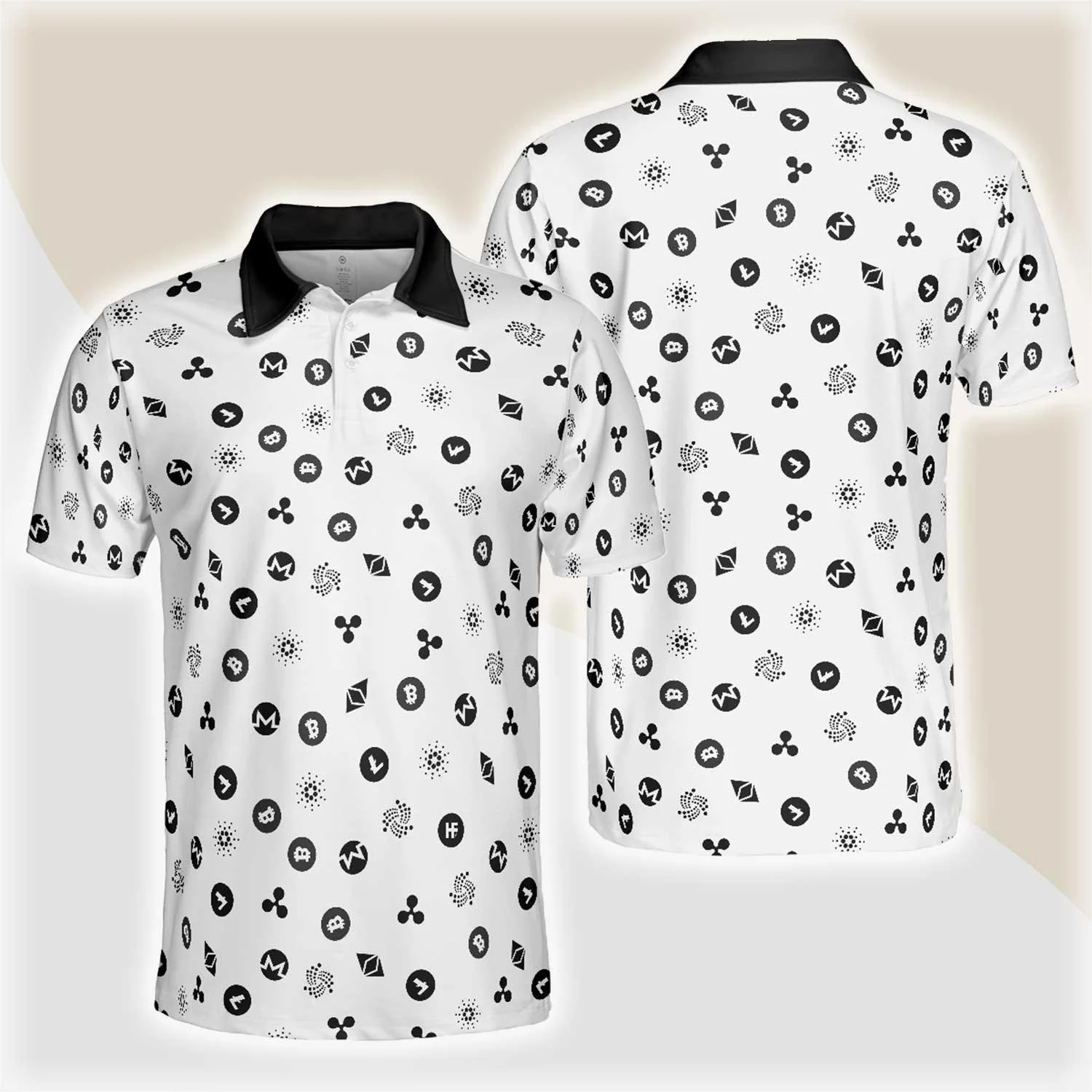Cryptocurrency Pattern Polo Shirt, Black And White Bitcoin Polo Shirt, Best Cryptocurrency Shirt For Men, Best Gift for Men Golfers, Polo Gift For Men