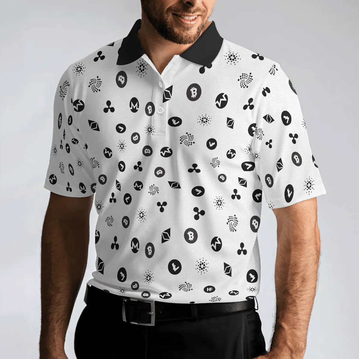 Cryptocurrency Pattern Polo Shirt, Black And White Bitcoin Polo Shirt, Best Cryptocurrency Shirt For Men, Best Gift for Men Golfers, Polo Gift For Men - Image 6