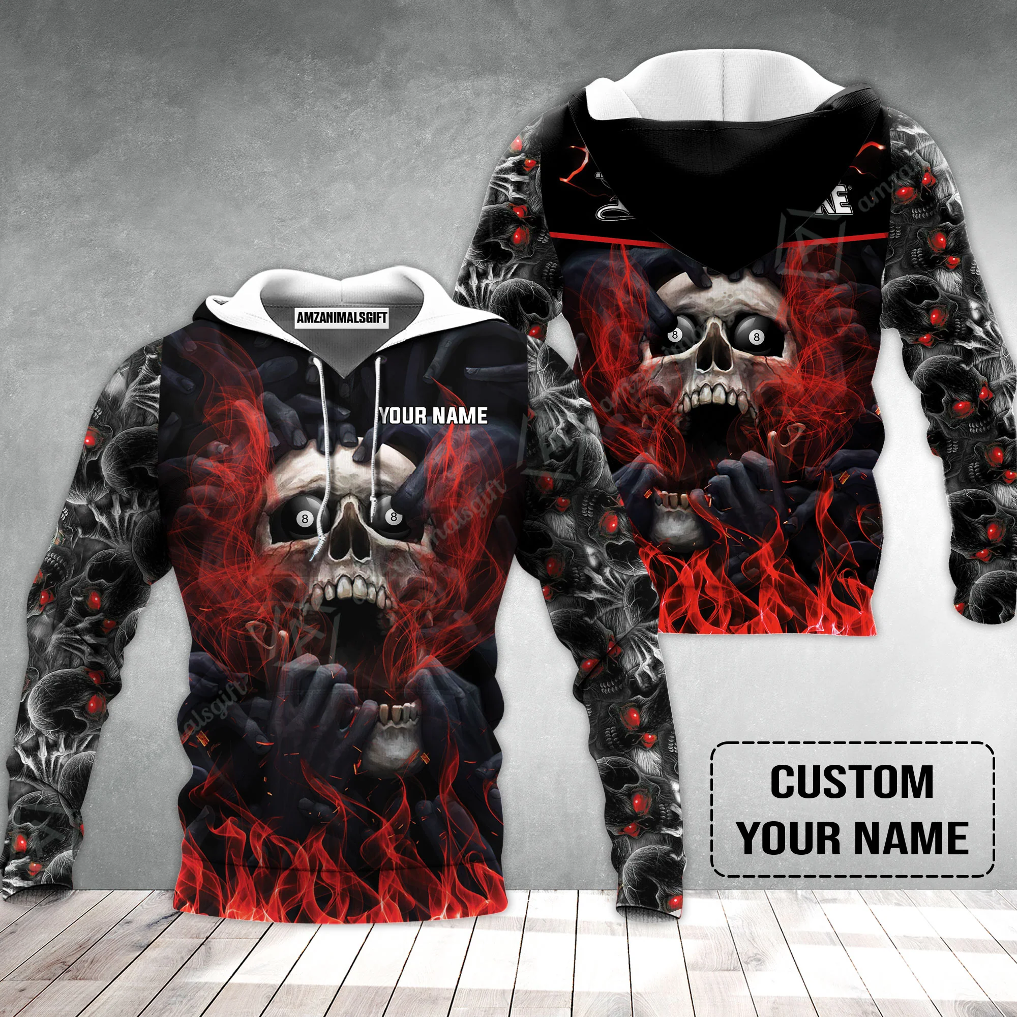 Custom Billiard Hoodie - Dead Stroke Pool 8 Ball Skull On Fire Personalized Name, Perfect Billiard Hoodie - Image 2