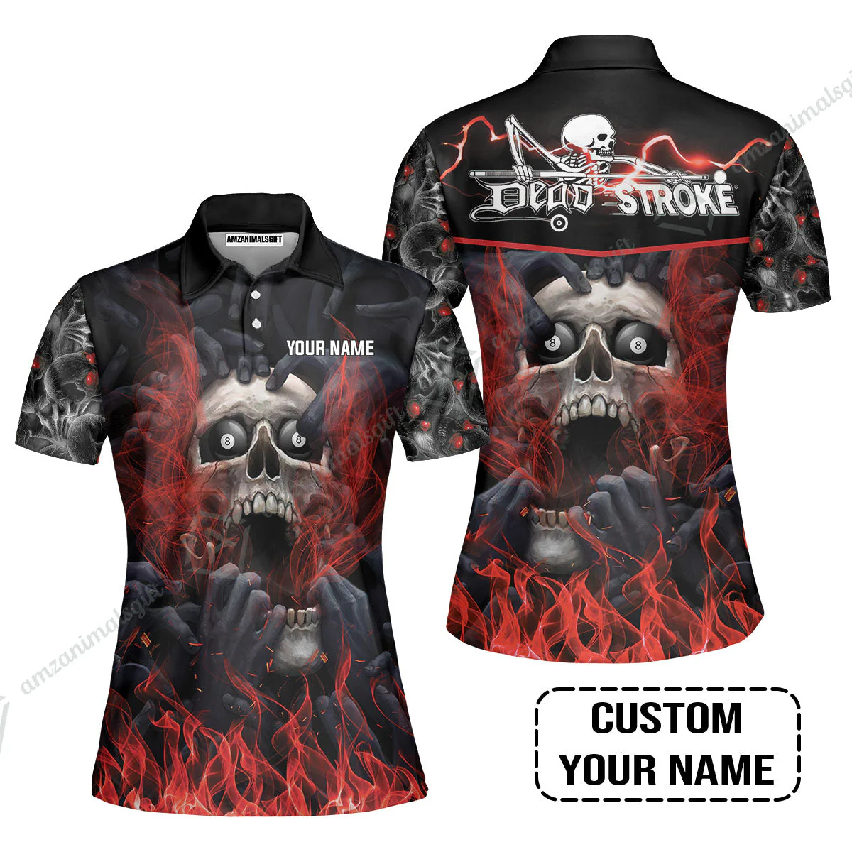 Custom Billiard Long Polo Shirt - Dead Stroke Pool 8 Ball Skull On Fire Personalized Name, Perfect Billiard Long Polo Shirt - Image 5