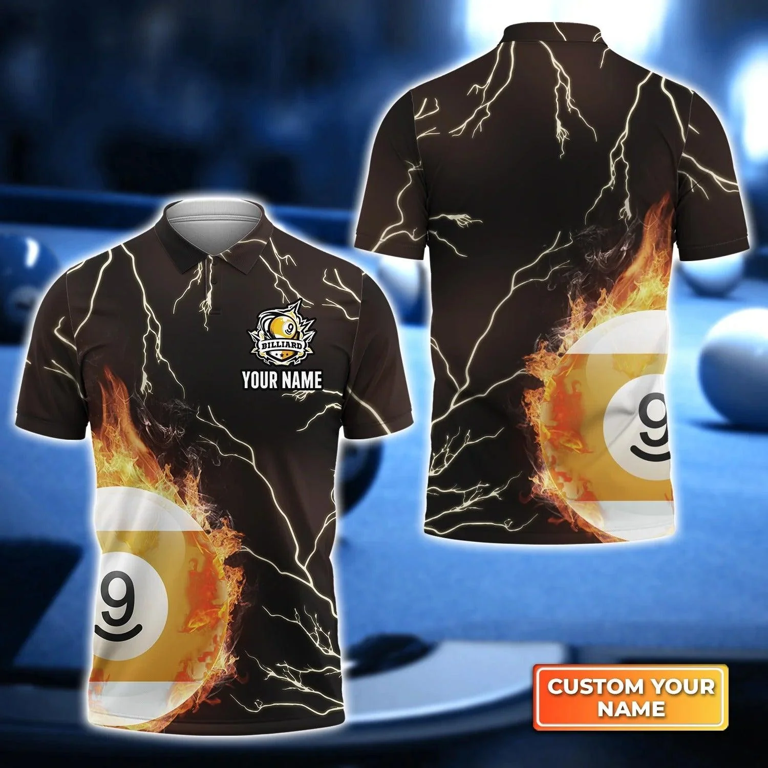 Custom Billiard Men Polo Shirt - Billiard 9 Ball Fire Flame Club Personalized Name Polo Shirt - Perfect Billiard Polo Shirt For Men, Billiard Lover
