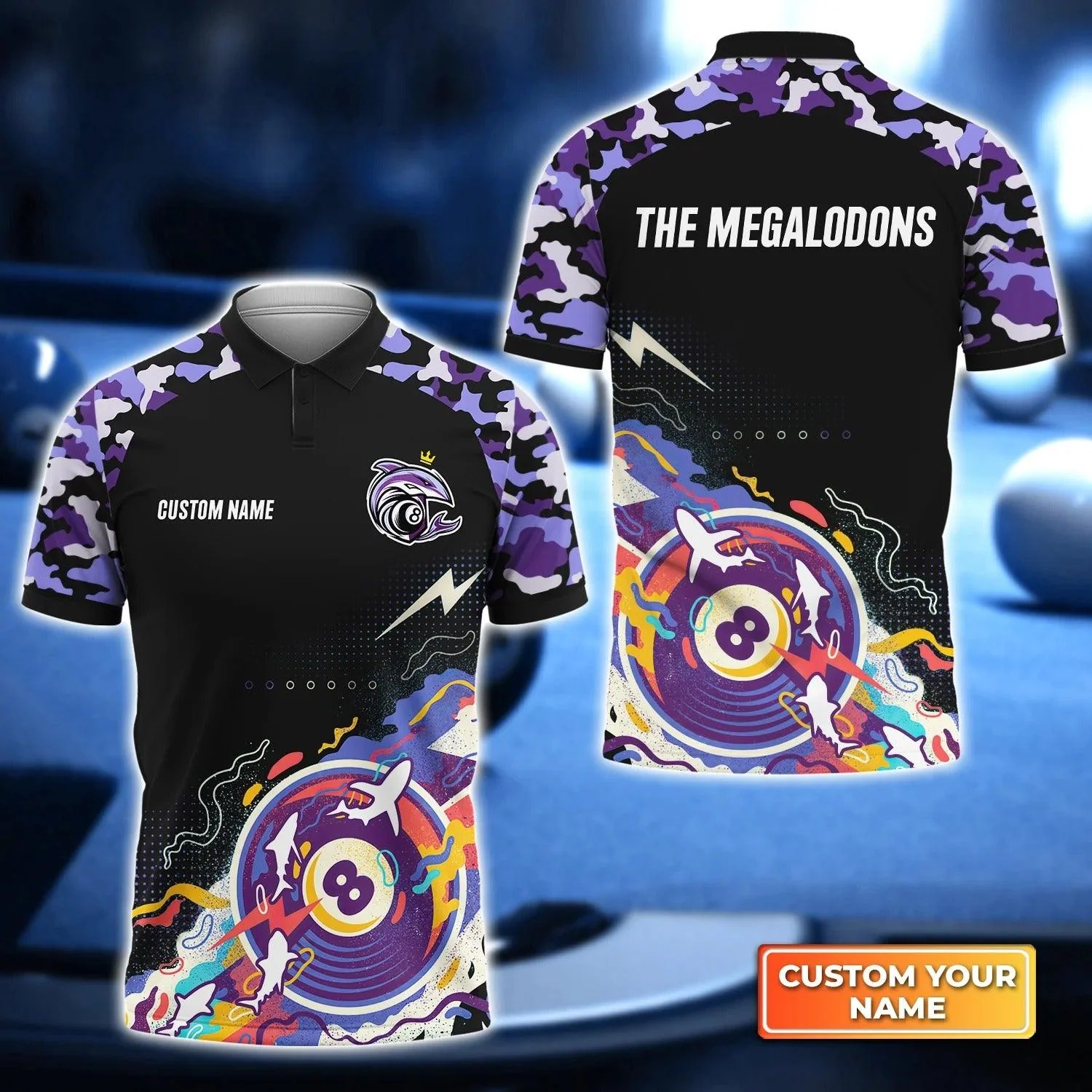 Custom Billiard Men Polo Shirt - Billiard Pool 8 Ball THE MEGALODONS Team Personalized Name, Perfect Billiard Polo Shirt For Men, Billiard Players