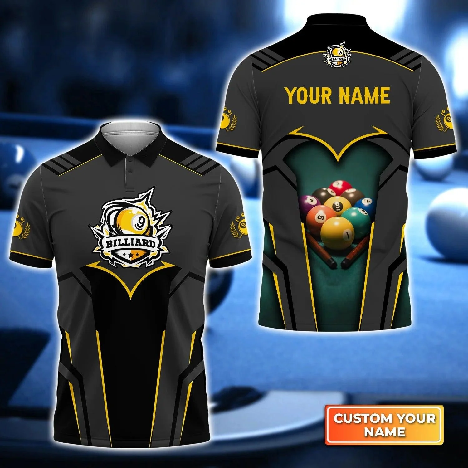 Custom Billiard Men Polo Shirt - Billiard Pool 9 Ball Badge Personalized Name - Perfect Billiard Polo Shirt For Men, Billiard Lover