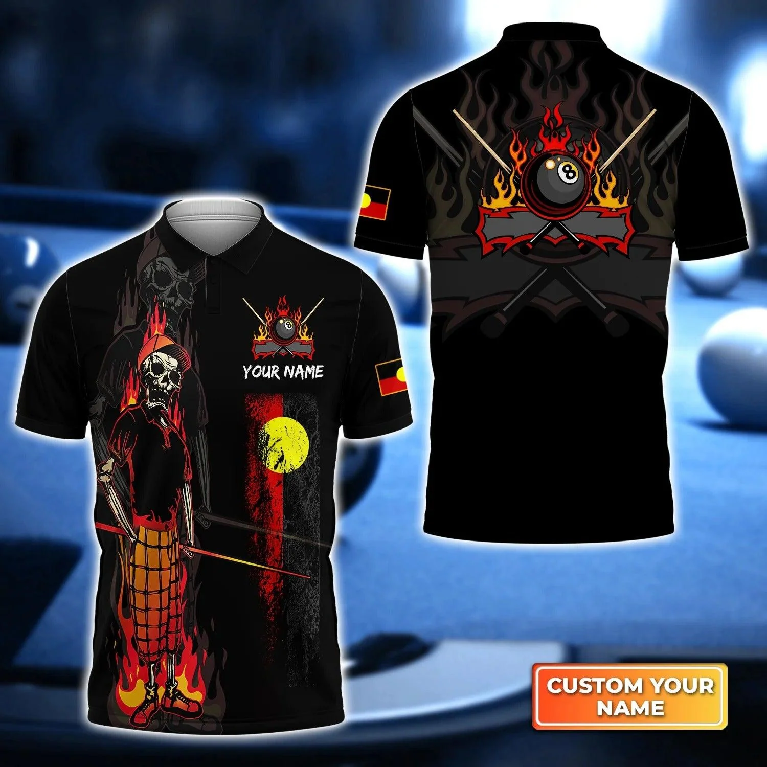 Custom Billiard Men Polo Shirt - Bones 8 Ball Aboriginal Flag Billiards Personalized Name, Perfect Billiard Polo Shirt For Men, Billiard Players