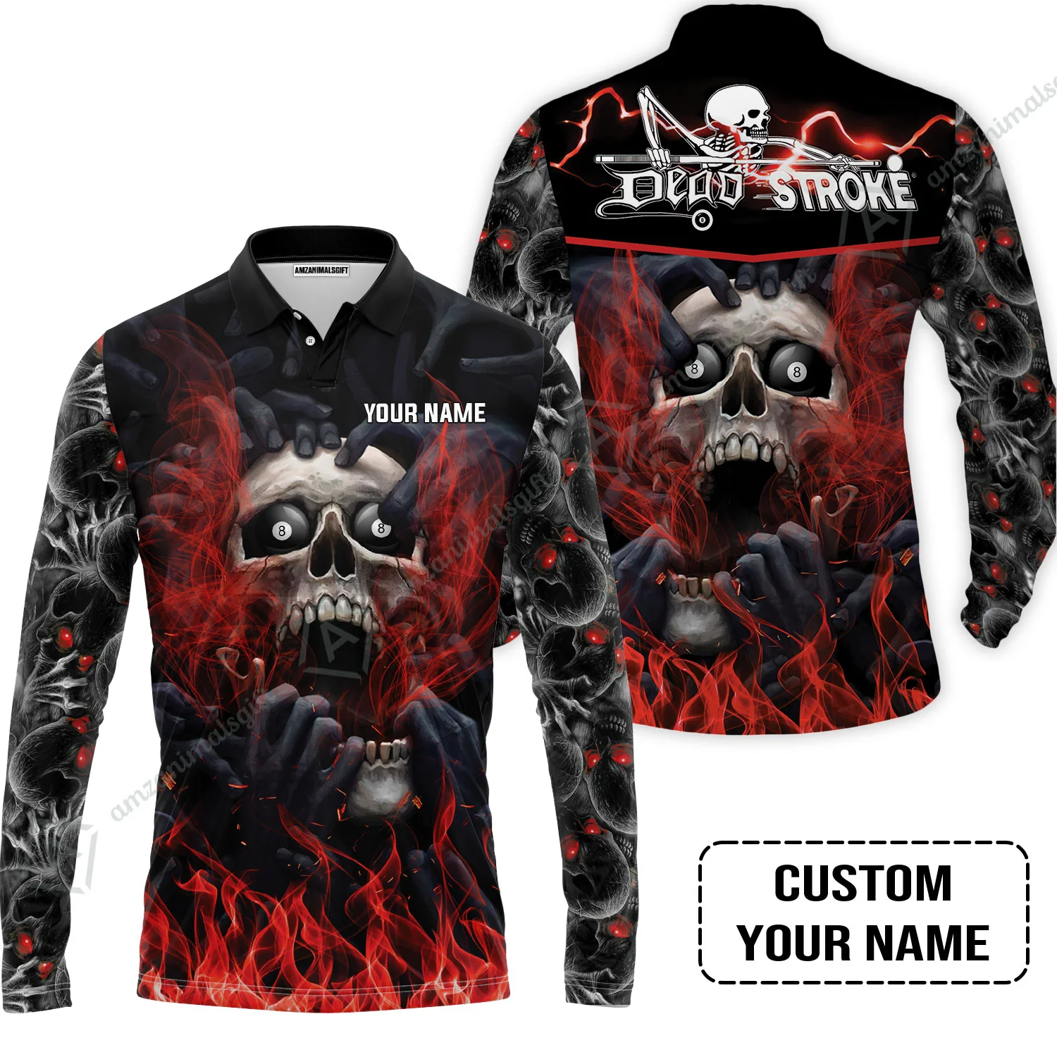 Custom Billiard Men Polo Shirt - Dead Stroke Pool 8 Ball Skull On Fire Personalized Name, Perfect Billiard Polo Shirt - Image 3