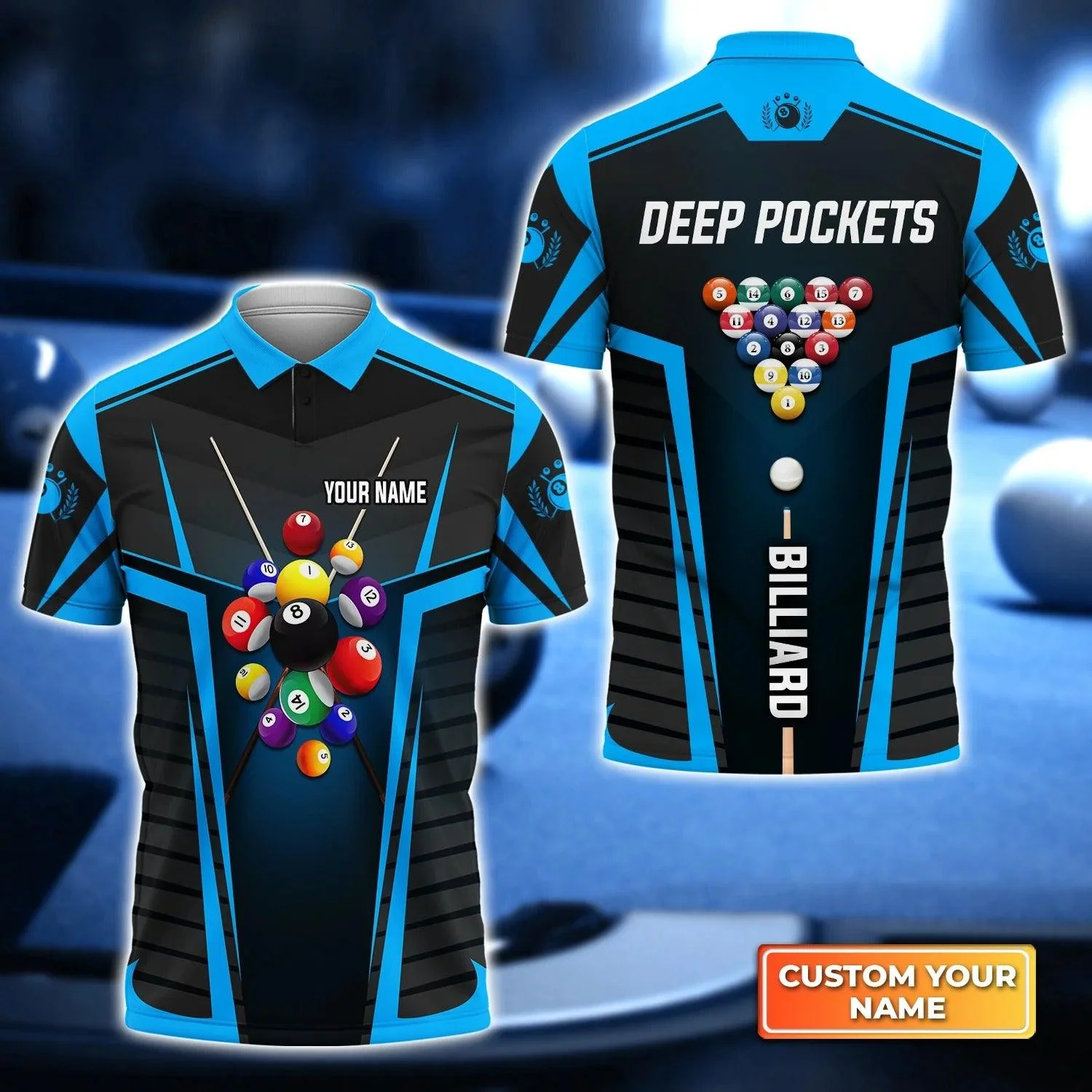 Custom Billiard Men Polo Shirt - Deep Pockets Blue Billiard Balls Personalized Name Polo Shirt - Perfect Billiard Polo Shirt For Men, Billiard Players
