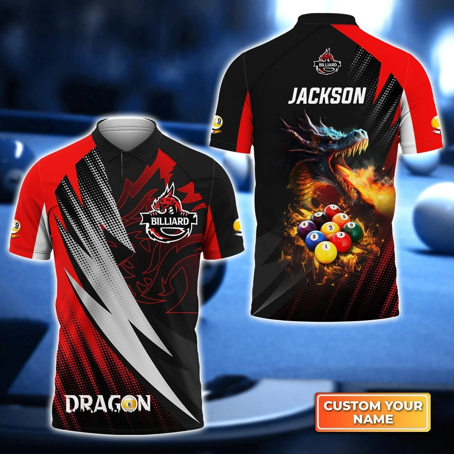 Custom Billiard Men Polo Shirt, Dragon Team Billiards Pool 9 Ball On Fire Personalized Name Polo Shirt, Gift For Billiard Lovers, Billiard Players