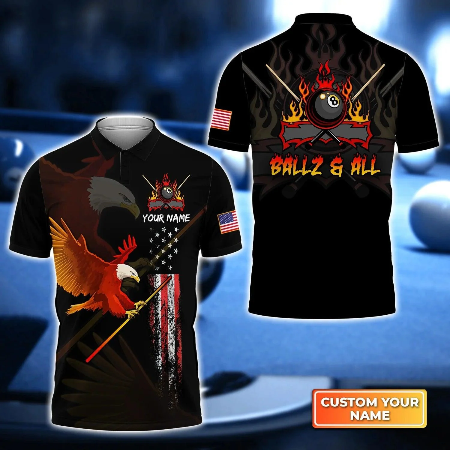 Custom Billiard Men Polo Shirt, Eagle BALLZ & ALL Team Bones 8 Ball American Flag Billiards Personalized Name Polo Shirt, Gift For Billiard Lovers