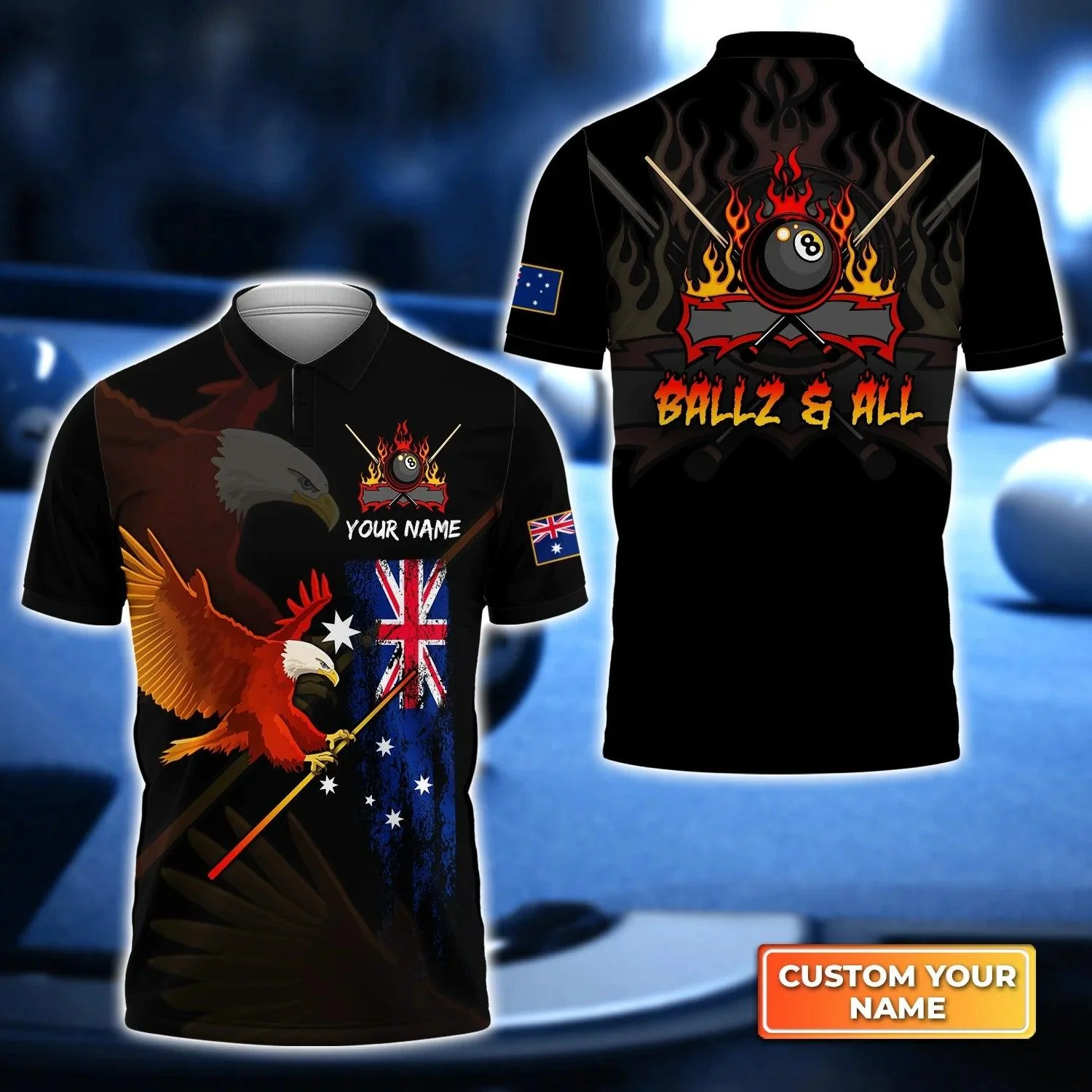 Custom Billiard Men Polo Shirt - Eagle BALLZ & ALL Team Bones 8 Ball Australia Flag Billiards Personalized Name - Perfect Billiard Polo Shirt For Men