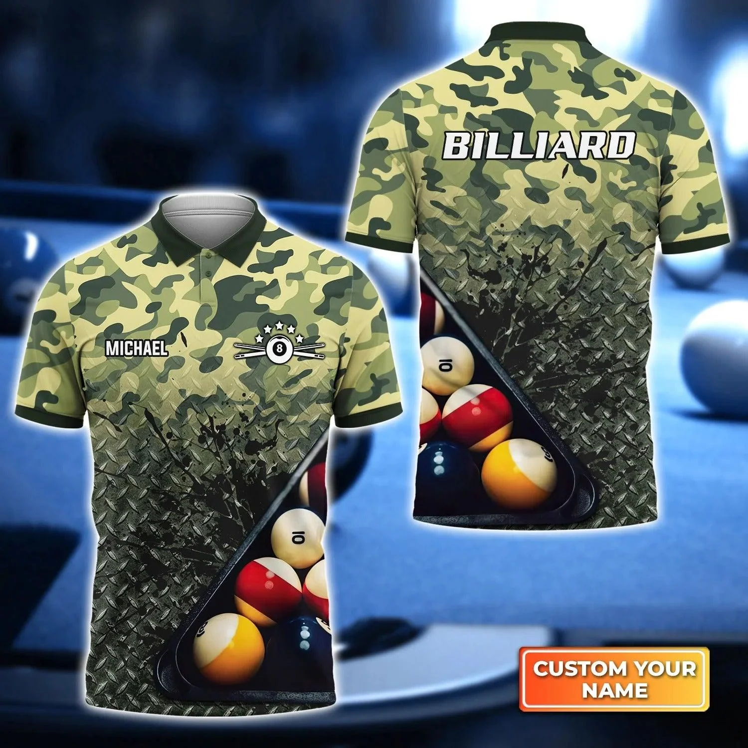 Custom Billiard Men Polo Shirt, Green Camo Billiard Personalized Name Polo Shirt, Perfect Billiard Polo Shirt For Men, Billiard Lover, Billiard Player