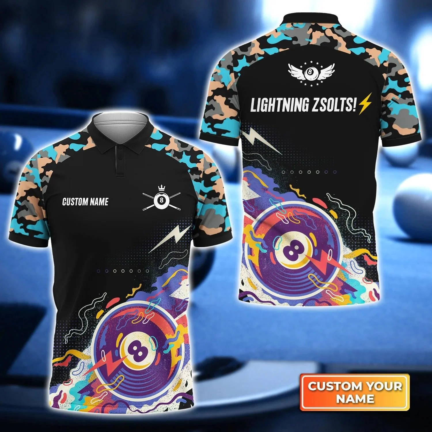 Custom Billiard Men Polo Shirt - LIGHTNING ZSOLTS! Pool 8 Ball Black Blue Watercolor Personalized Name Polo Shirt, Perfect Billiard Polo Shirt For Men