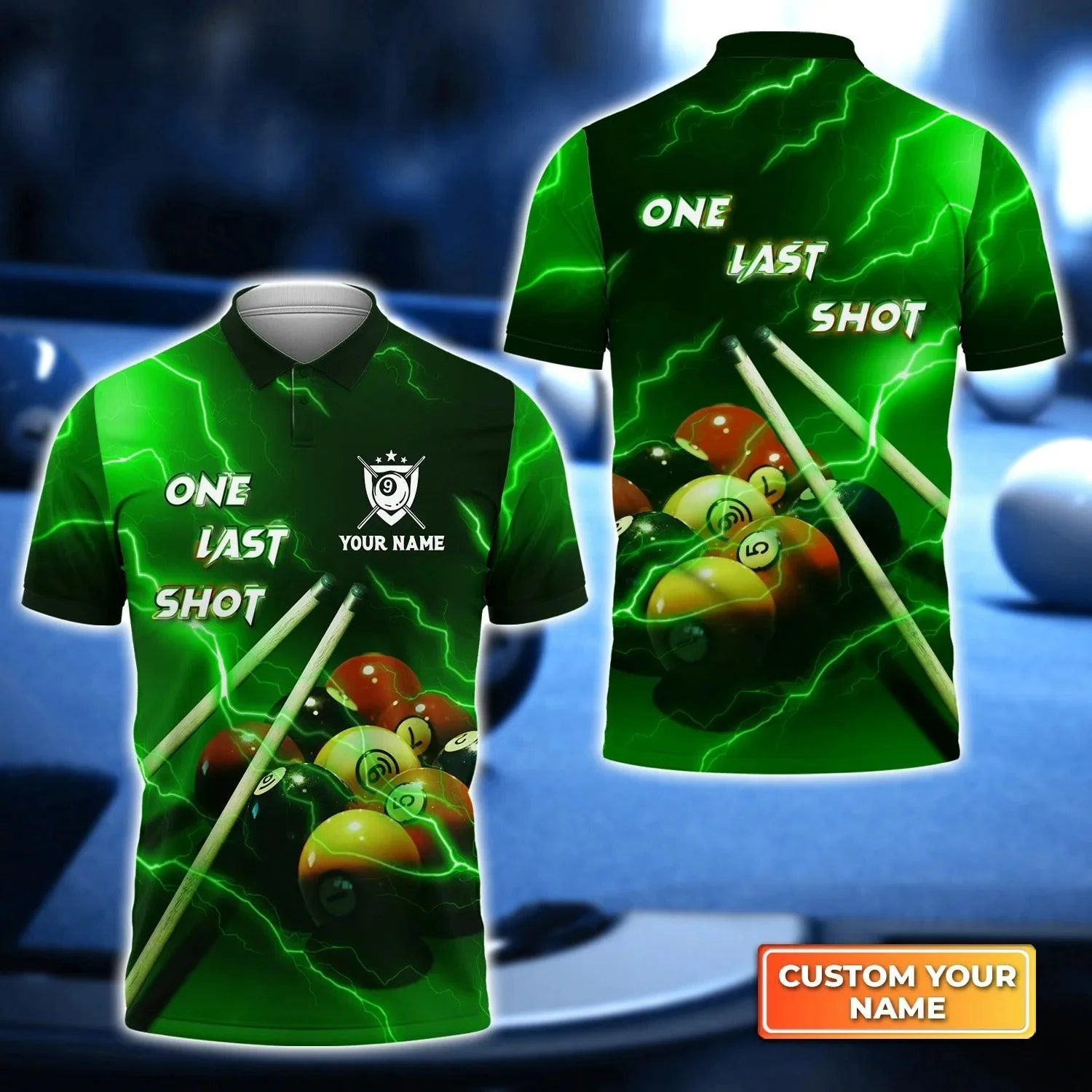 Custom Billiard Men Polo Shirt, One Last Shot Billiard 9 Ball Thunder Lightning Fluor Green Personalized Name Polo Shirt, Gift For Billiard Lovers