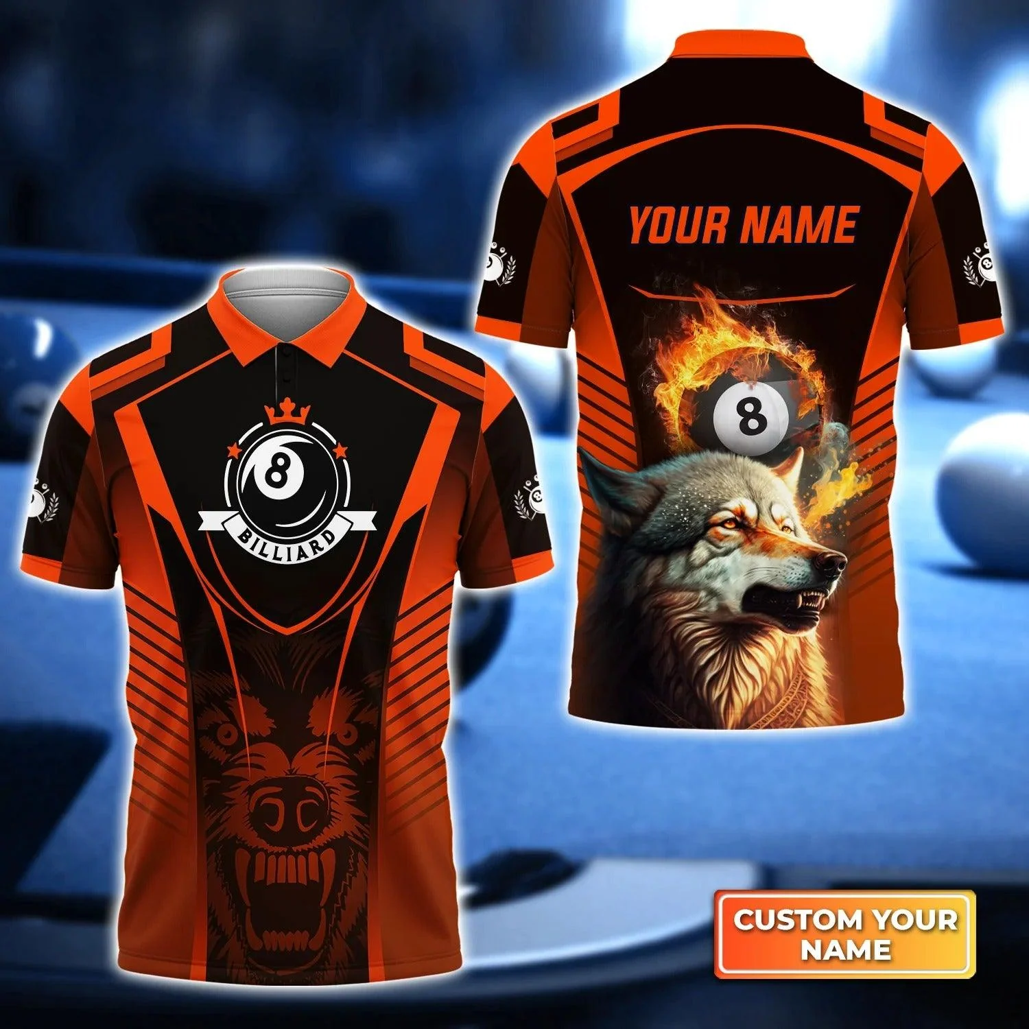 Custom Billiard Men Polo Shirt, Orange Wolf Billiard Pool 8 Ball Team Personalized Name Polo Shirt Gift, Gift For Men, Billiard Lover, Billiard Player