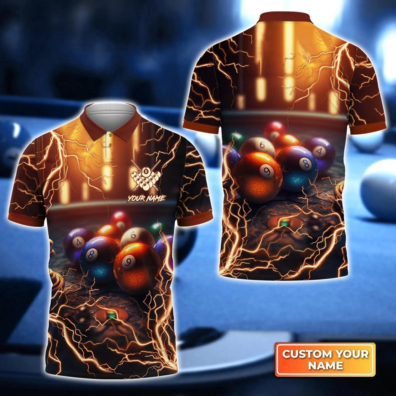 Custom Billiard Men Polo Shirt, Rainbow Billiard Pool Thunder Personalized Name Polo Shirt, Gift For Men, Billiard Lovers, Billiard Players